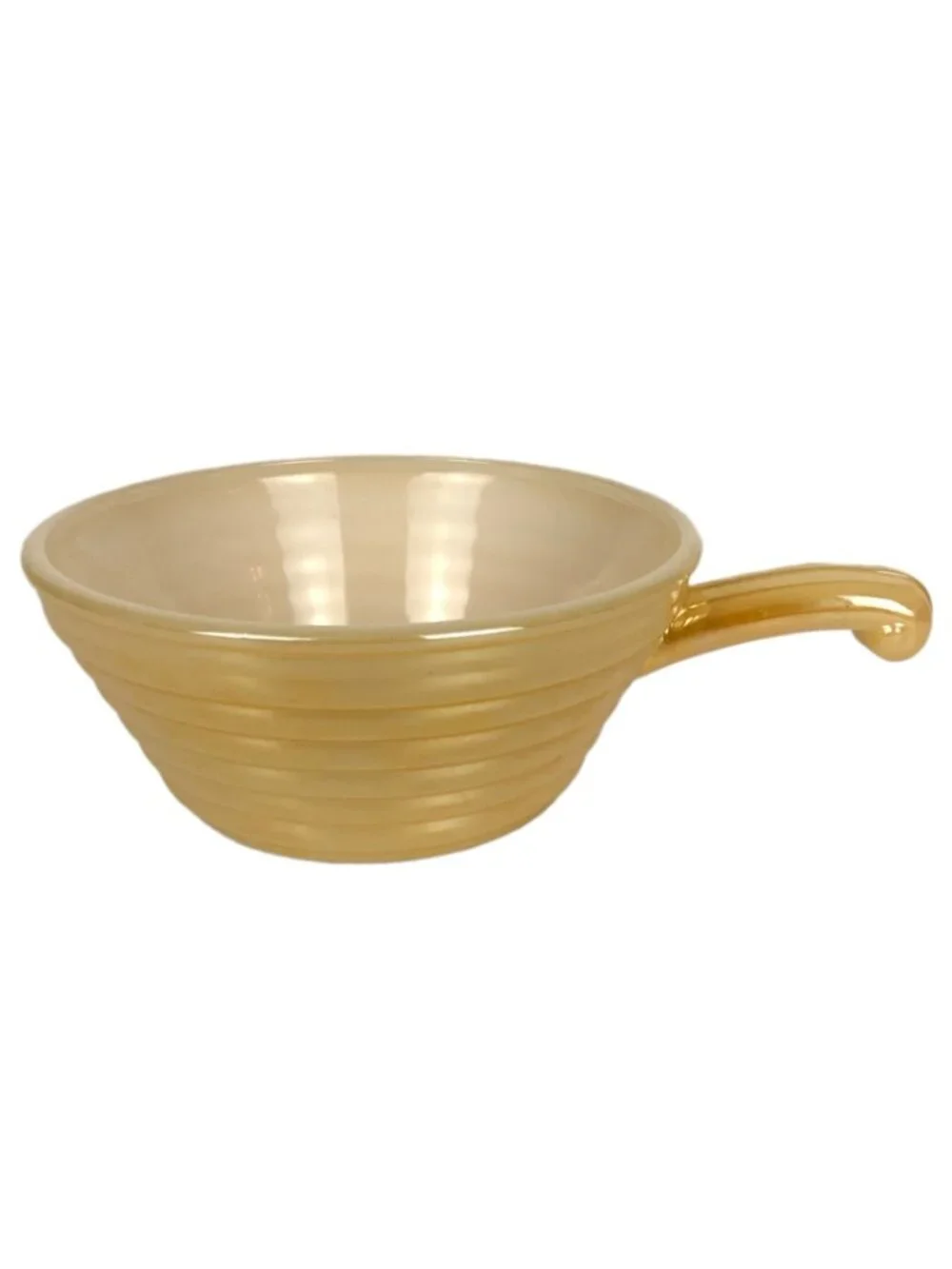 Fire King Vintage Ribbed Peach Luster Handled Soup Bowl Beehive Design